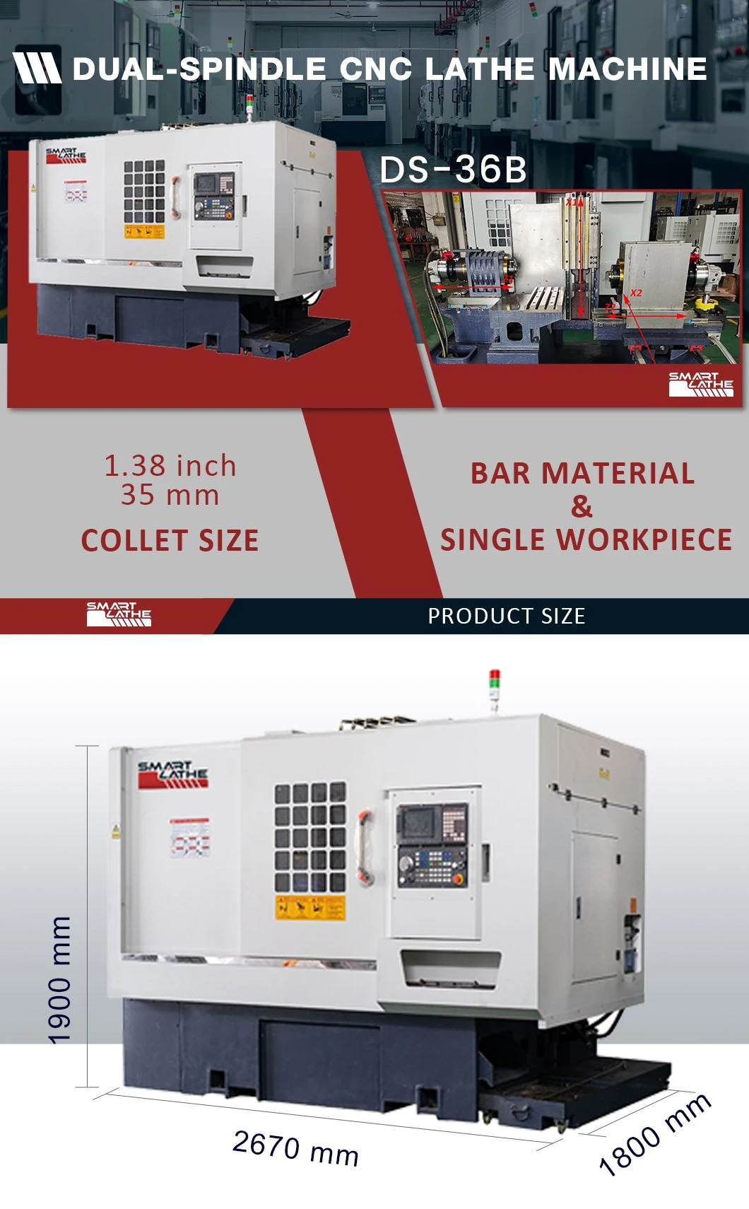 Automatic Lubrication System Dual-Spindle Flat Bed CNC Lathe Machine with Bar Feeder (DS-36B)